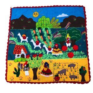 Handmade Peruvian Tapestry 3D Embroidery Andean Village Wall Art Valentines NOTE